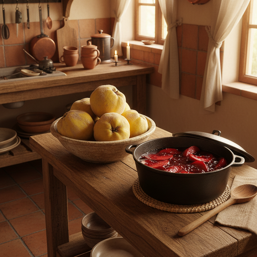 Rustic kitchen scene with quince in a ceramic bowl and ruby-red poached quince dessert