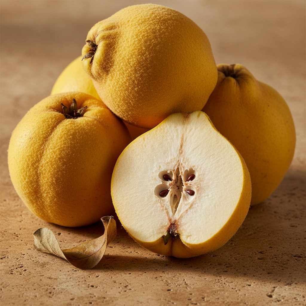 Fresh golden quince fruits on a warm beige stone surface