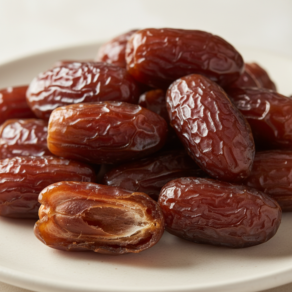 Glossy Medjool dates on a cream surface, one split open