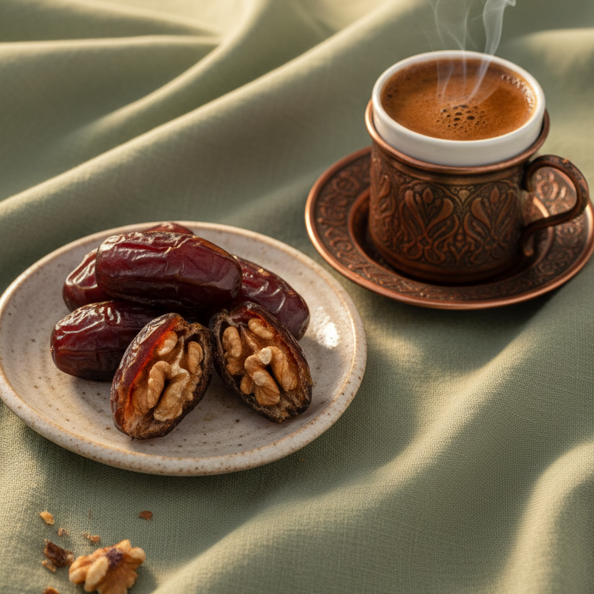 Medjool dates with Turkish coffee on sage-green linen